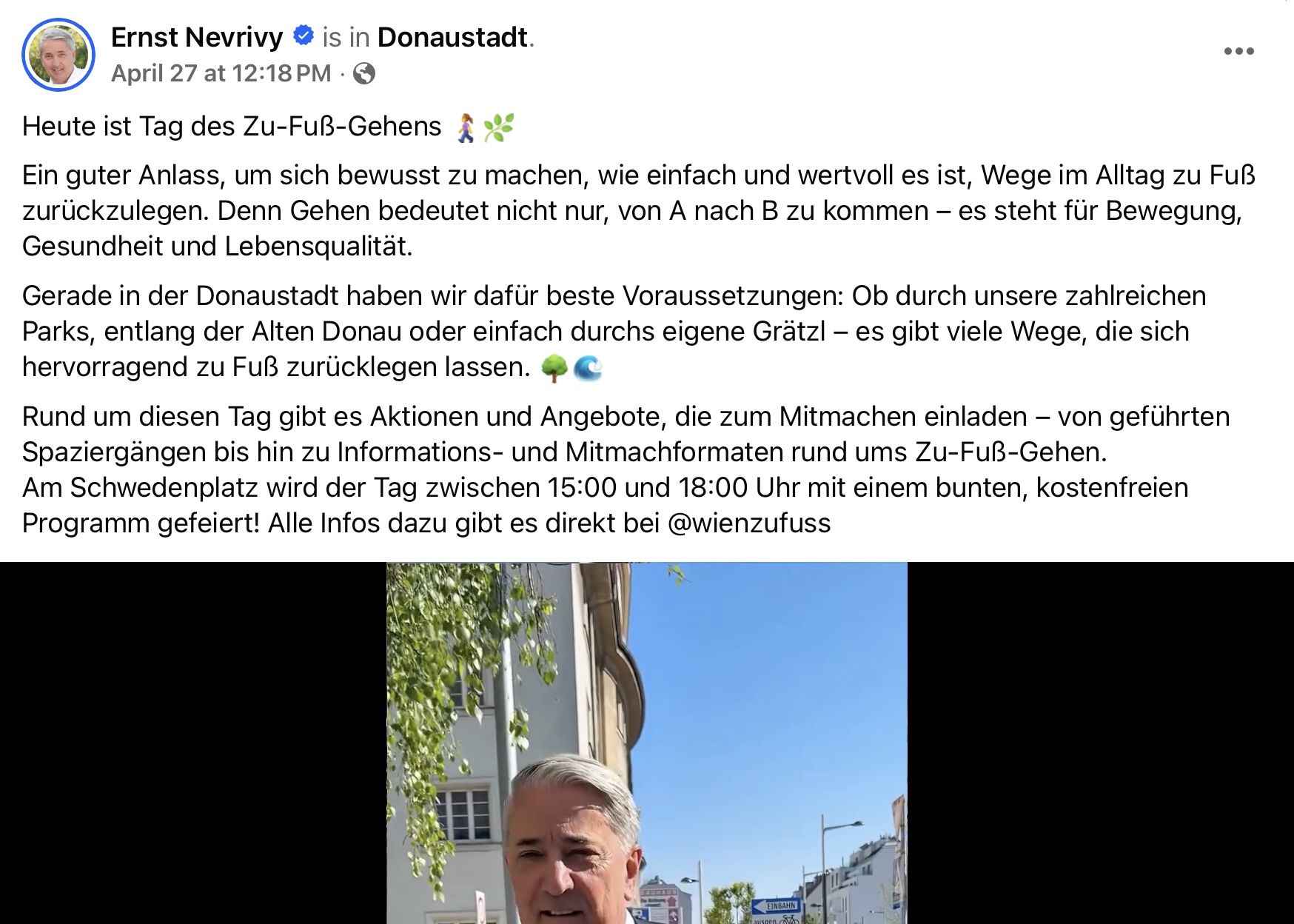 Facebook-Post von Ernst Nevrivy zum Tag des Zu-Fuß-Gehens